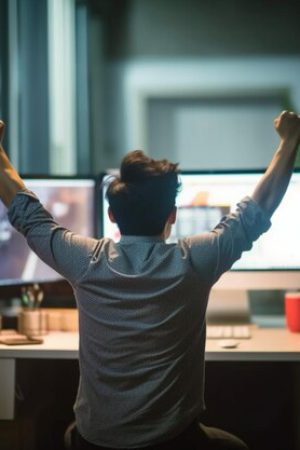man dark office with his arms up air celebrating his victory 895799 6063